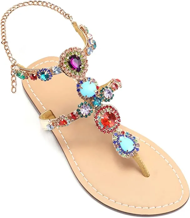 Beaded Blue/Orange Rhinestone T-Strap Summer Elegant Sandal