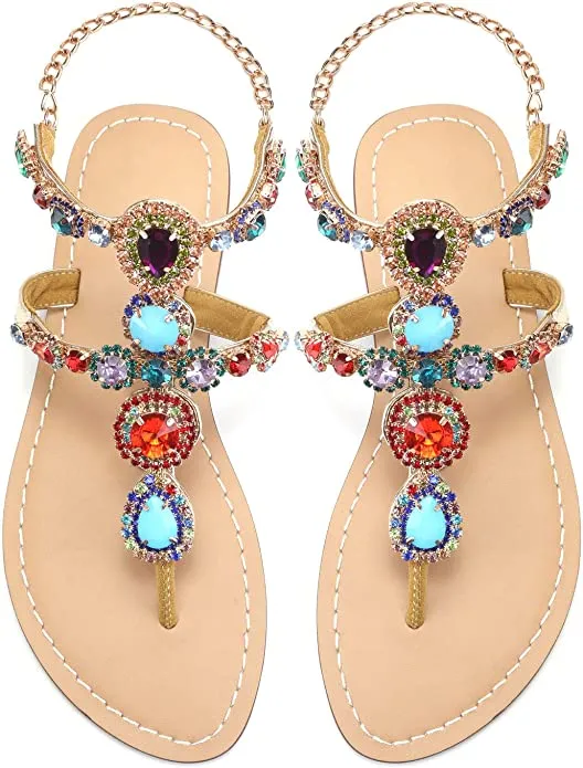 Beaded Blue/Orange Rhinestone T-Strap Summer Elegant Sandal