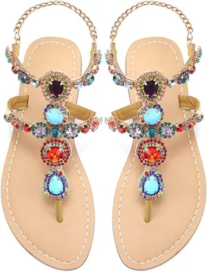 Beaded Blue/Orange Rhinestone T-Strap Summer Elegant Sandal