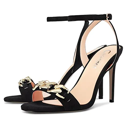 Castamere Women Stiletto High Heel Open Toe Ankle Strap Metal Chain Sandals Prom Party 3.9 Inches Heels Black