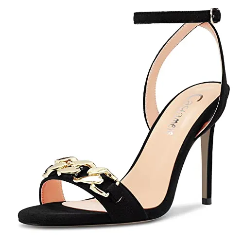 Castamere Women Stiletto High Heel Open Toe Ankle Strap Metal Chain Sandals Prom Party 3.9 Inches Heels Black