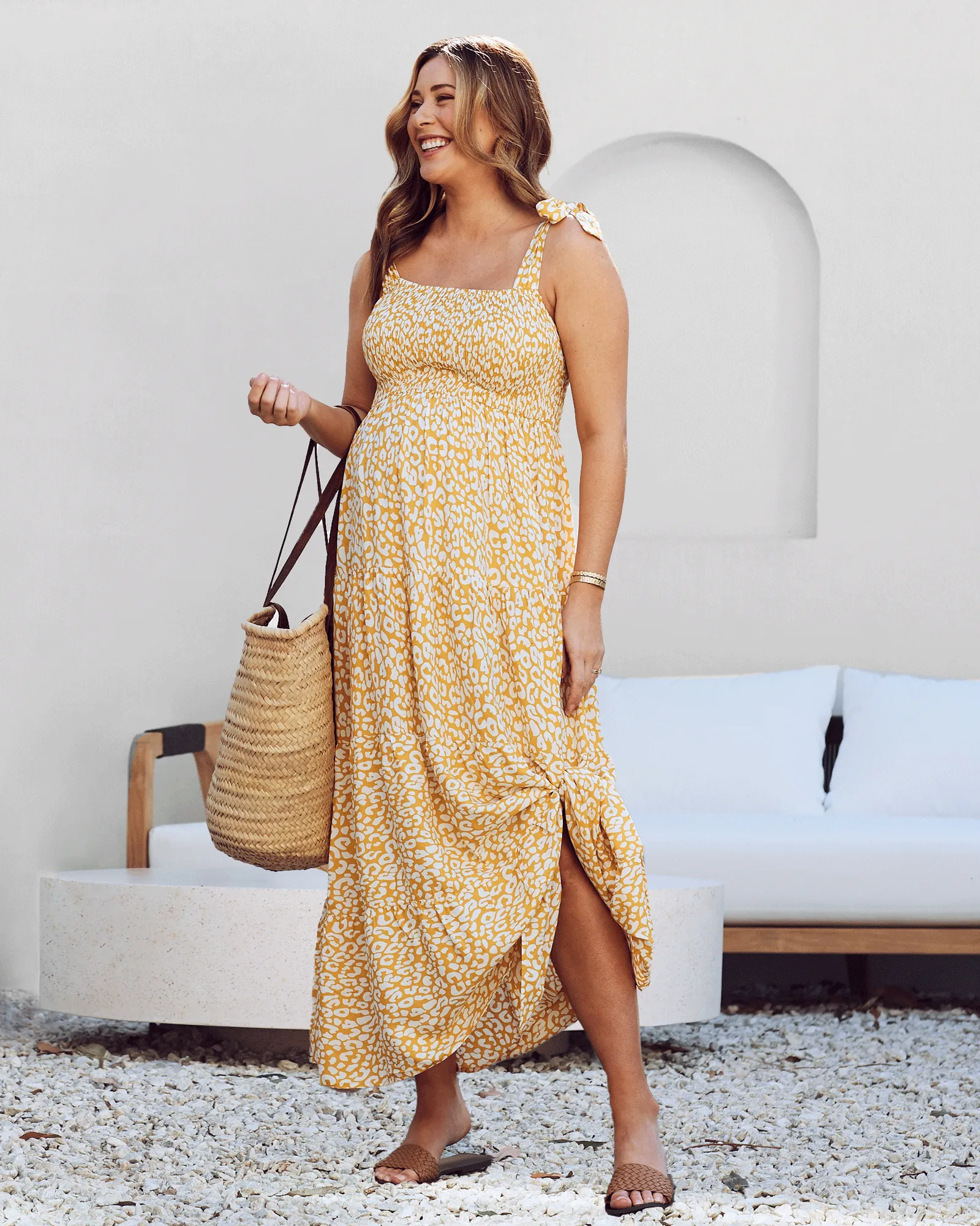 Chelsea Maternity Ruffled Maxi Dress in Yellow Animal Print