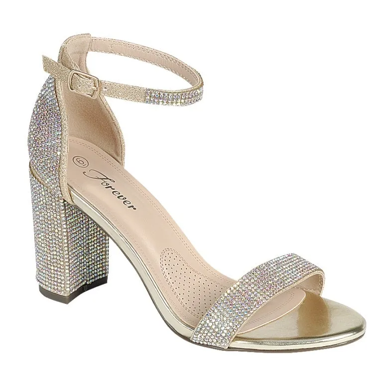 Forever Hopefull-8 Glitter Rhinestones Ankle Strap Chunky Pumps Sandals