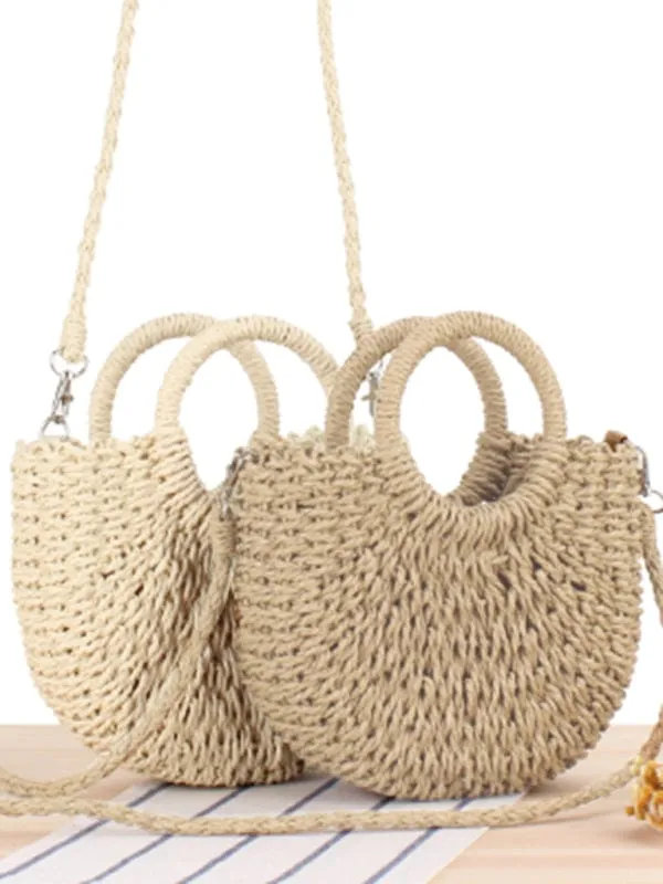 Half Round Straw Woven Vintage Style Beach Bag