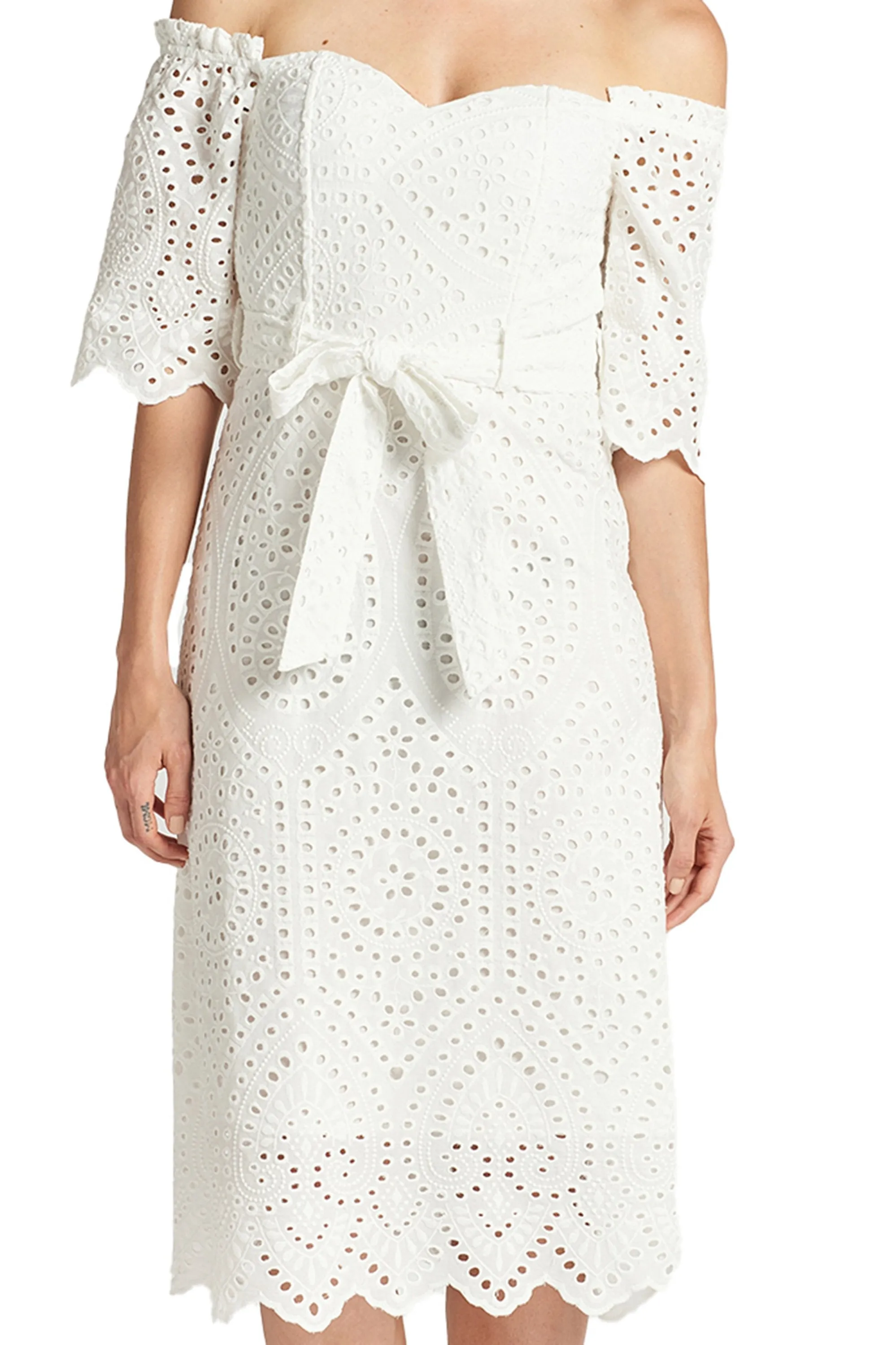 Jasmine Dress - Off The Shoulder A-Line Midi Eyelet Dress