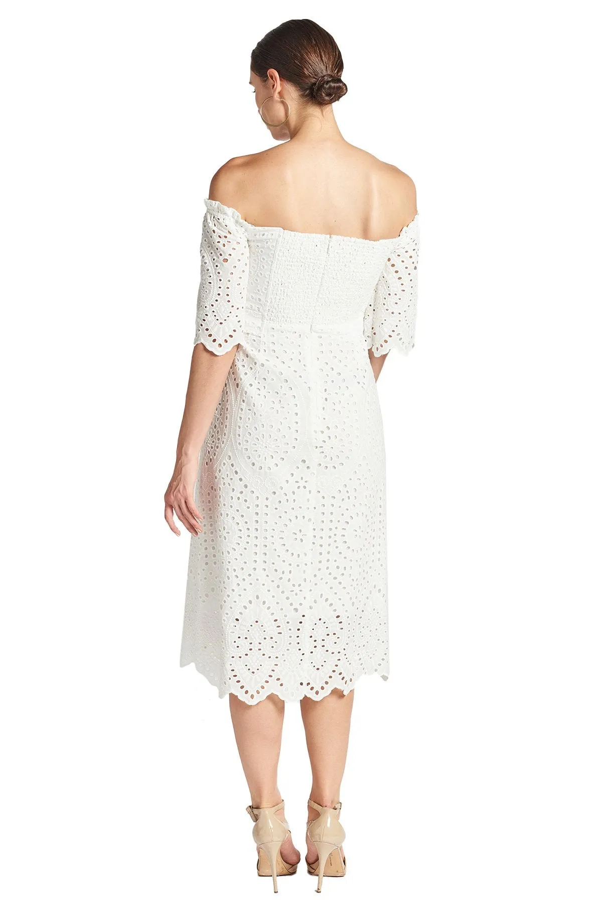 Jasmine Dress - Off The Shoulder A-Line Midi Eyelet Dress