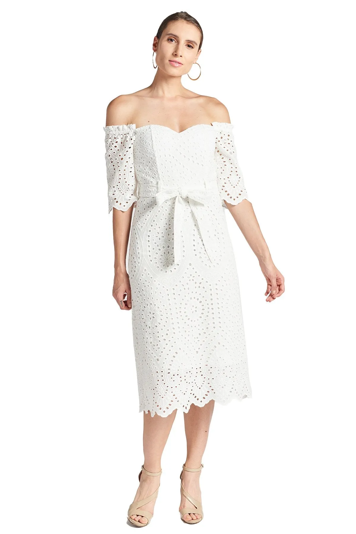 Jasmine Dress - Off The Shoulder A-Line Midi Eyelet Dress