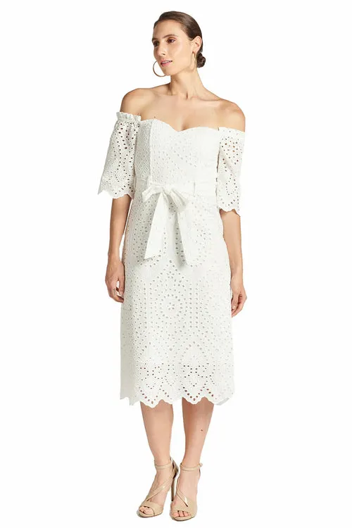 Jasmine Dress - Off The Shoulder A-Line Midi Eyelet Dress