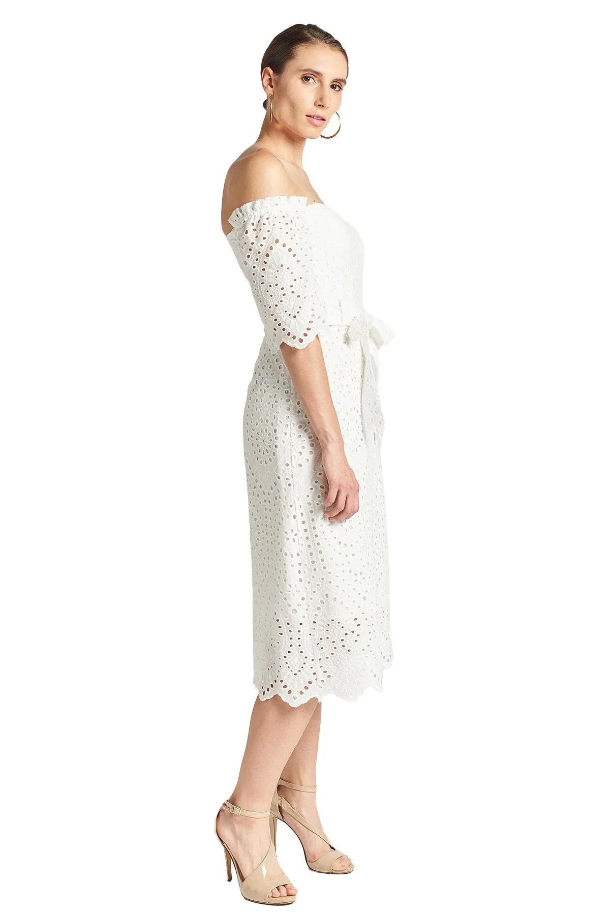 Jasmine Dress - Off The Shoulder A-Line Midi Eyelet Dress