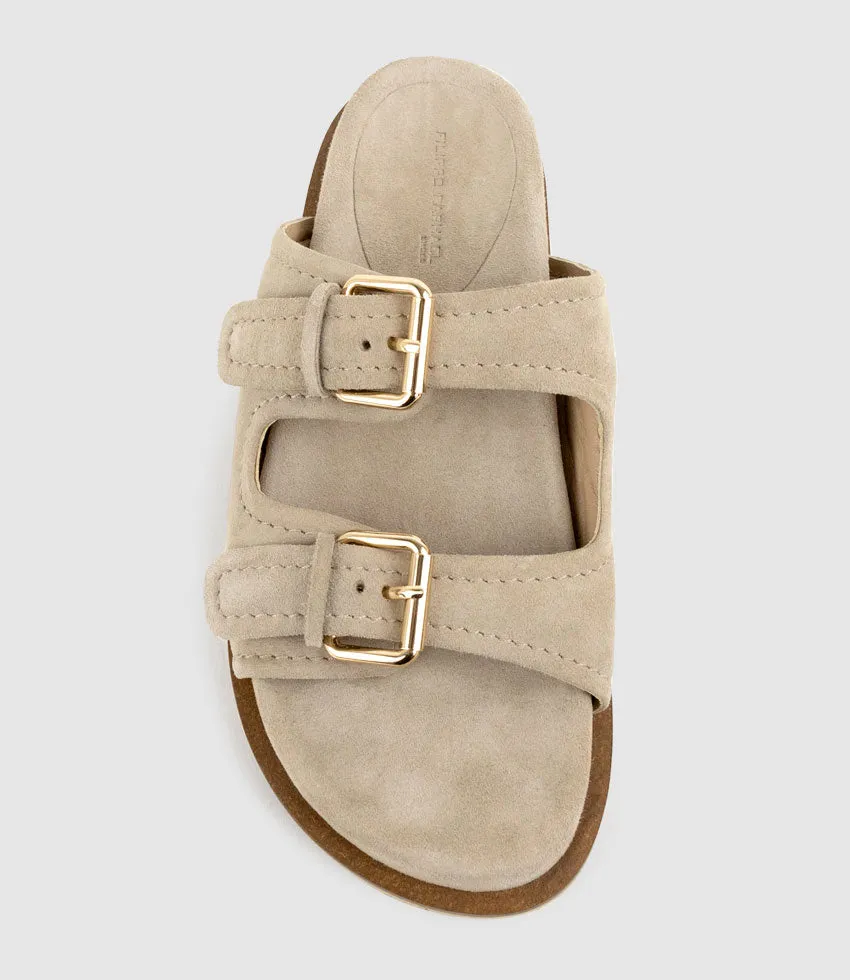 KALIN Two Strap Slide on Footbed in Natural Suede