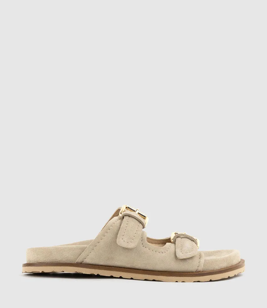 KALIN Two Strap Slide on Footbed in Natural Suede