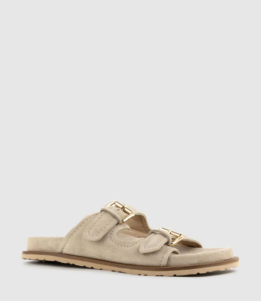 KALIN Two Strap Slide on Footbed in Natural Suede