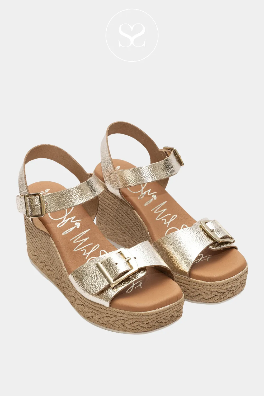OH MY SANDALS 5726 - GOLD LEATHER BUCKLE WEDGE SANDALS