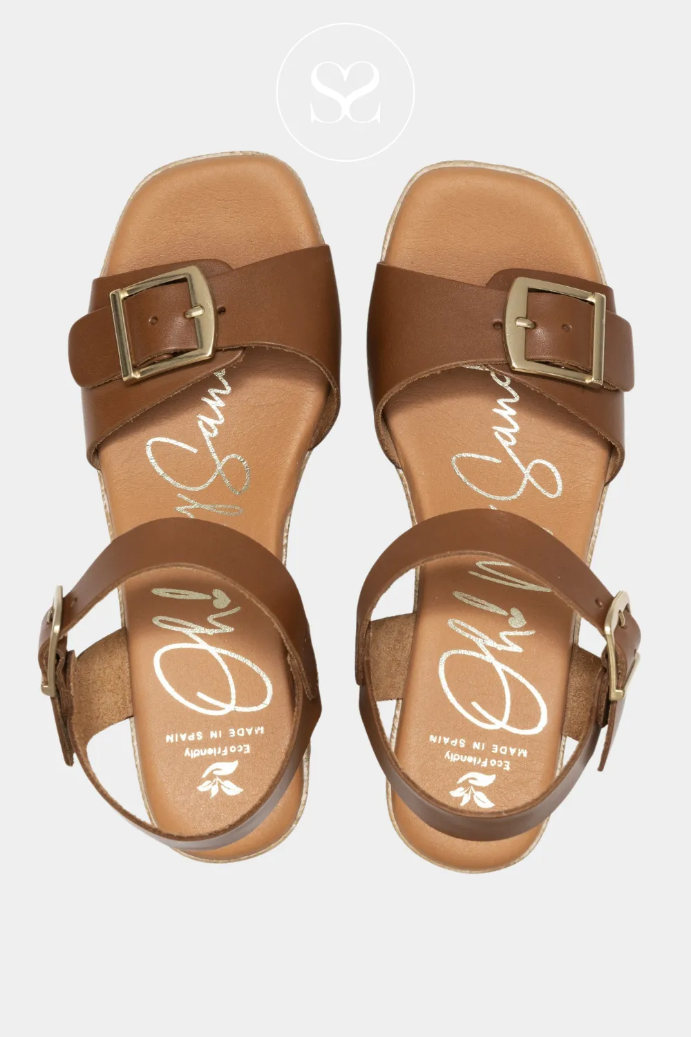 OH MY SANDALS 5726 - TAN LEATHER BUCKLE WEDGE SANDALS
