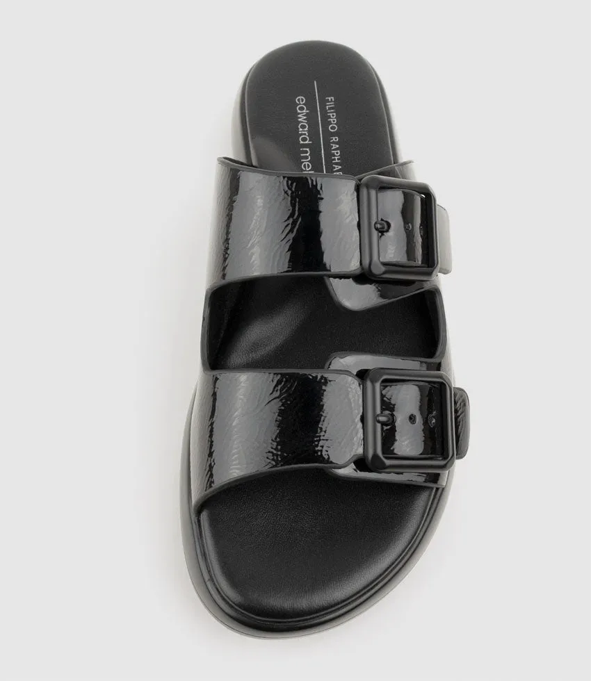 OSAKA Two Strap Slide on Unit in Black Crinkle Patent