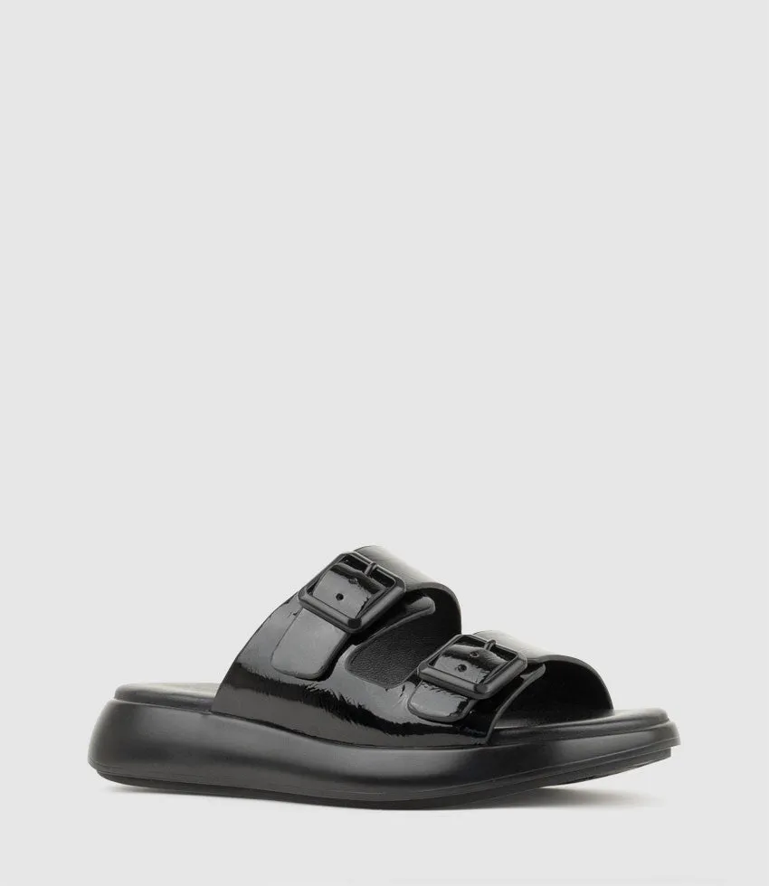 OSAKA Two Strap Slide on Unit in Black Crinkle Patent