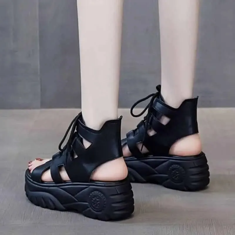 PU Gladiator Roman Thick Sole Lace Up Sandals