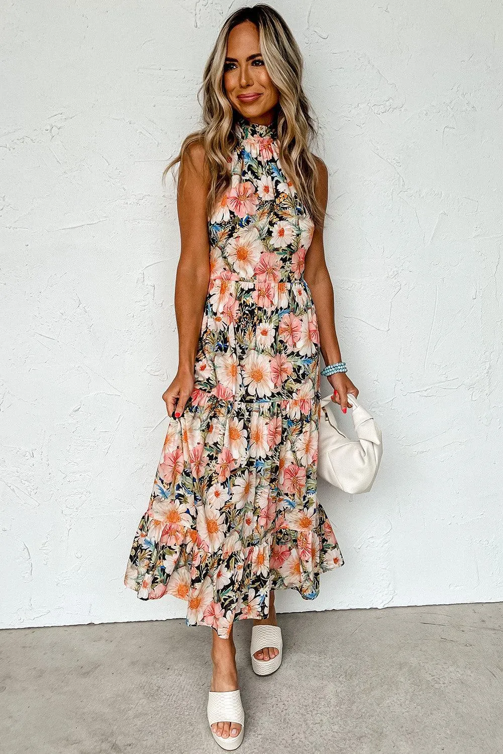 Salmon Boho Floral Halter Ruffled Dress