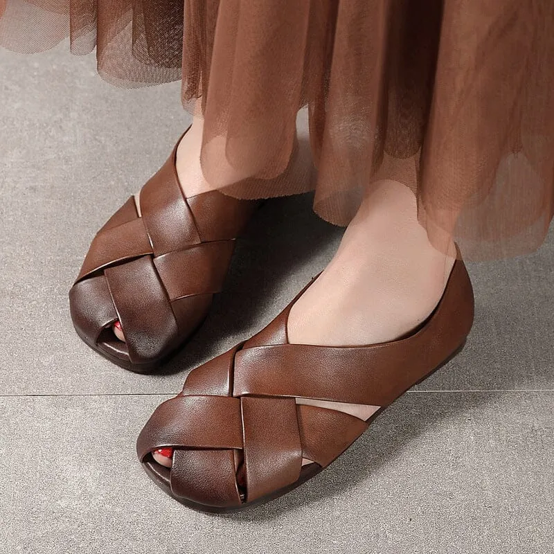 Women Retro Leather Weave Foldable Flats