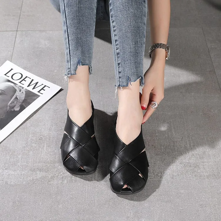 Women Retro Leather Weave Foldable Flats